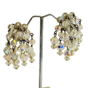 VTG Jeweled aurora borealis Crystal earrings waterfall‎ Dangle Clip Beaded 60s